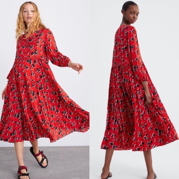 Zara | Dresses | Zara Red Floral Maxi Dress Black Flowers 34 Sleeve Size  Small | Poshmark